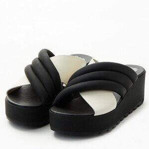 Sorel Platform Sandals Shoes Cameron Puffer Black Lugsole Mules Ivory Size 9